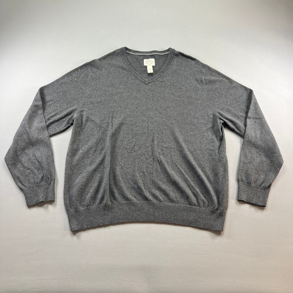 St. John's Bay Sweater Mens 2XL Charcoal Gray Tight Knit Cotton Rib Trim V Neck